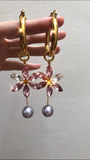 Orchida crystal flower and pearl hoops
